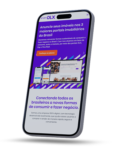 Um Iphone exibindo uma tela de apresentação do grupo OLX